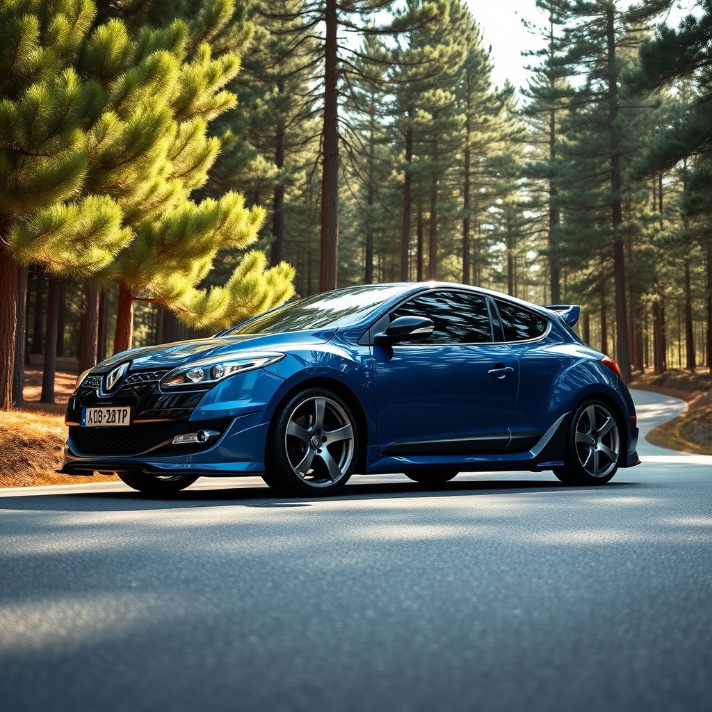 A 2009 blue Renault Megane GT with sporty modifications parked on a winding road surrounded by tall pine forests