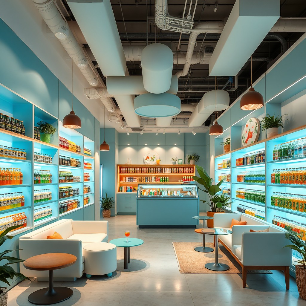 A trendy and sophisticated retail space specializing in cold beverages, designed to appeal to a youthful audience