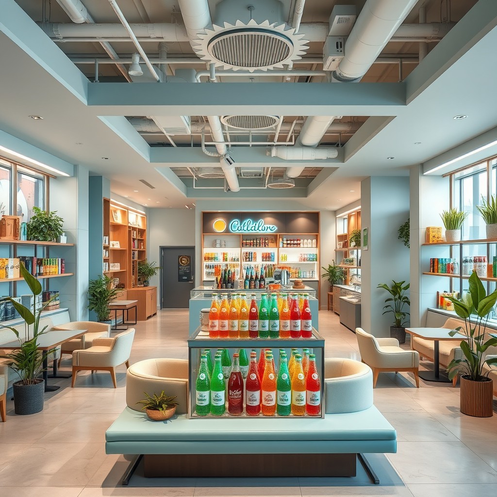 A trendy and sophisticated retail space specializing in cold beverages, designed to appeal to a youthful audience