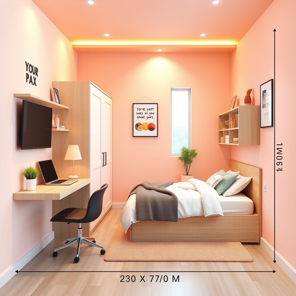 A cozy and functional bedroom designed for a young adult, measuring 2