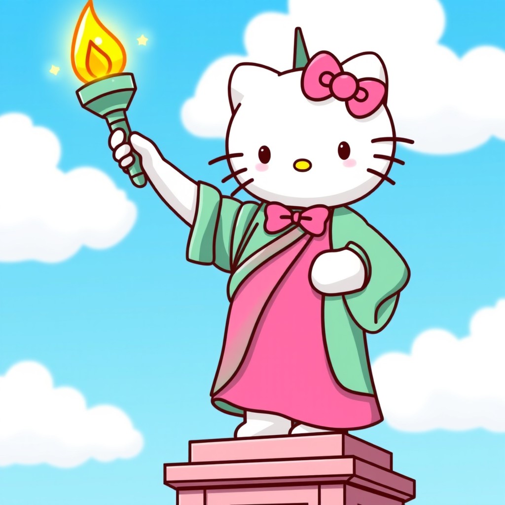 A whimsical and colorful interpretation of Hello Kitty as the Statue of Liberty, standing proudly on Liberty Island