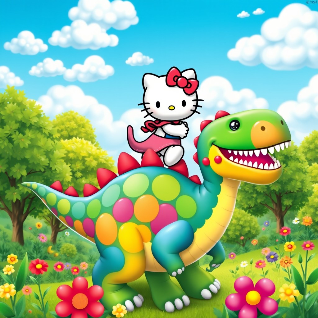 Hello Kitty and Charmmy Kitty joyfully riding on the back of a colorful dinosaur in a vibrant, playful landscape