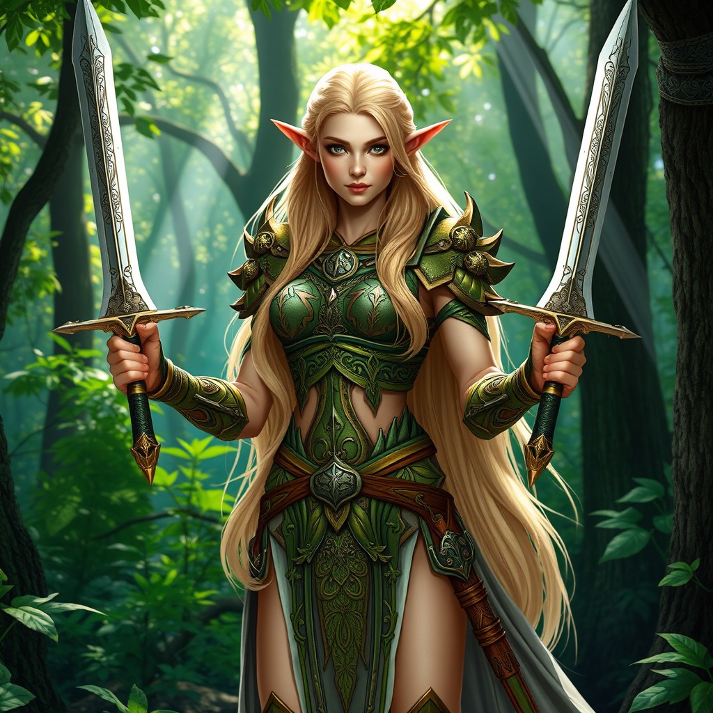 A stunning blonde female half wood elf paladin representing the Oath of the Ancients, featuring pointed ears and a graceful yet strong physique