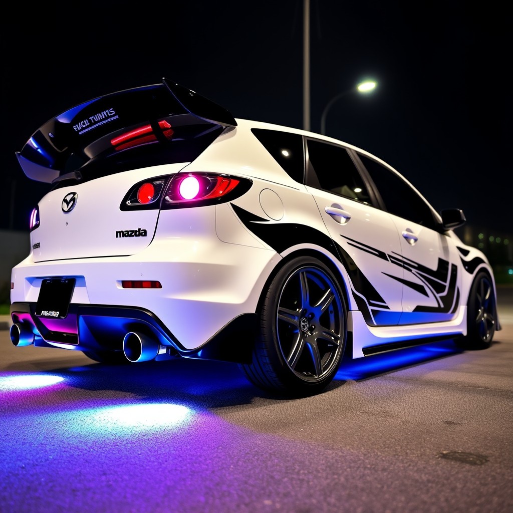 A modified 2006 Mazda 3 in a sporty tuning style, featuring a sleek white body with black accents