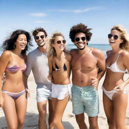 A multi-cultural group of friends, laughing and enjoying a summer day at the beach. The weather is warm, with clear skies and sparkling sea waters.