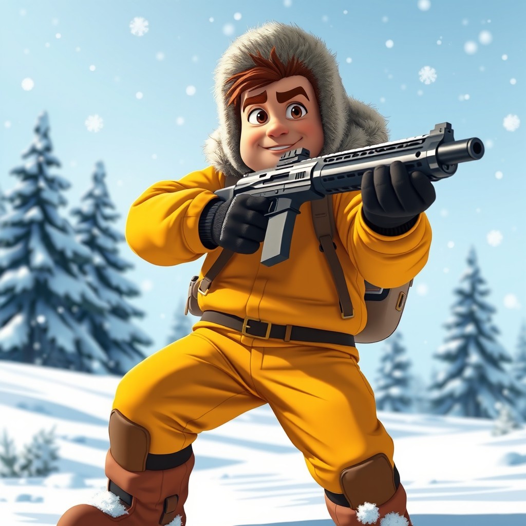 An animated man dressed in winter gear, complete with a fur-lined hood, bright snow pants, and heavy boots, is aiming a sleek, modern gun to his right