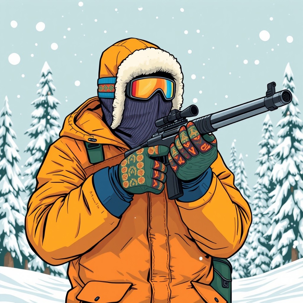 A comic style illustration of a man in winter gear, including a fully covered face with a mask and goggles, aiming a rifle to his right