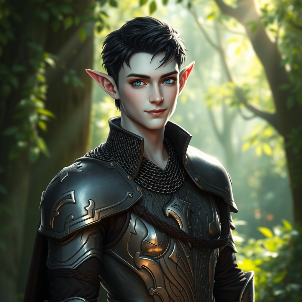 An elegant elf with white skin, short black hair, and striking blue eyes