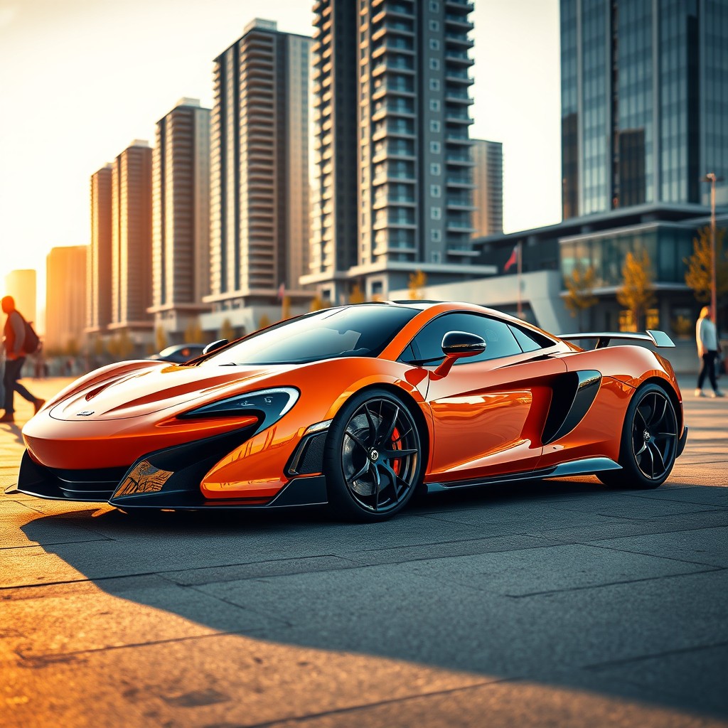 A sleek McLaren supercar in a striking vivid orange color, parked in an urban setting with a modern high-rise skyline in the background