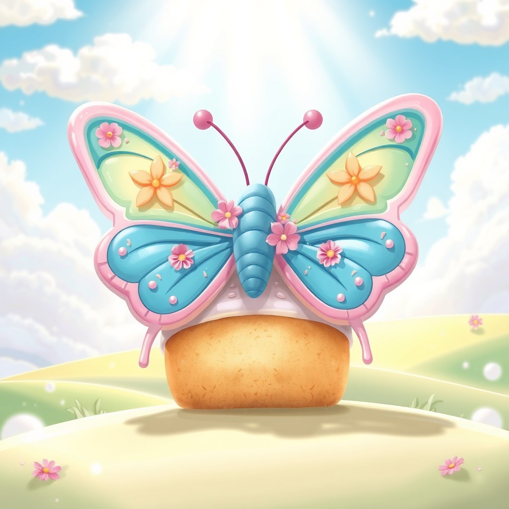 A vibrant, surreal illustration of a 'batterfly', a whimsical fusion of a butterfly and a delicious fluffy cake