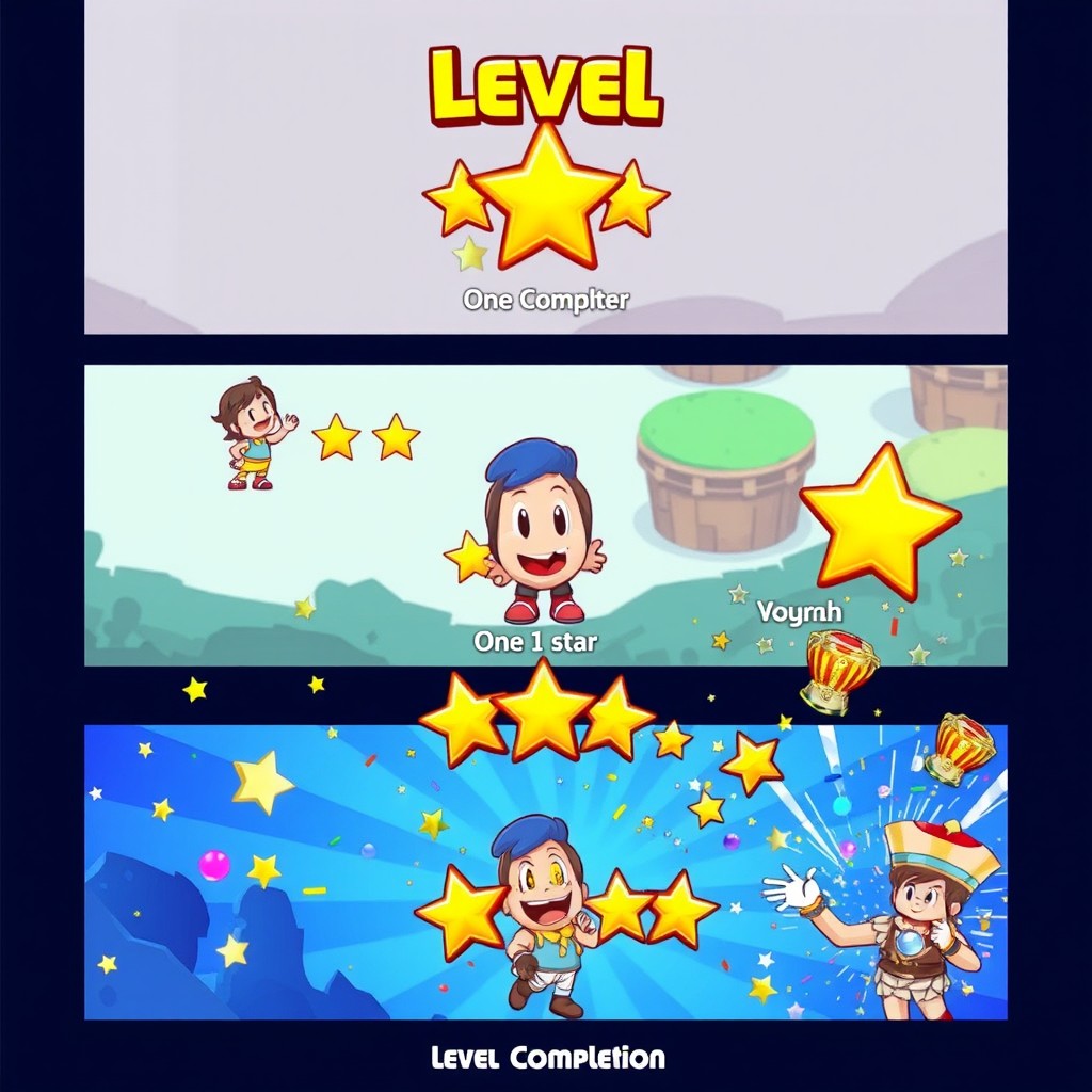 A vibrant and engaging video game level completion screen showcasing three different scenes