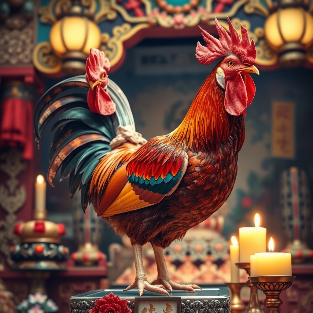 A detailed portrait of a sacred rooster, showcasing its vibrant plumage with deep reds, golds, and iridescent greens