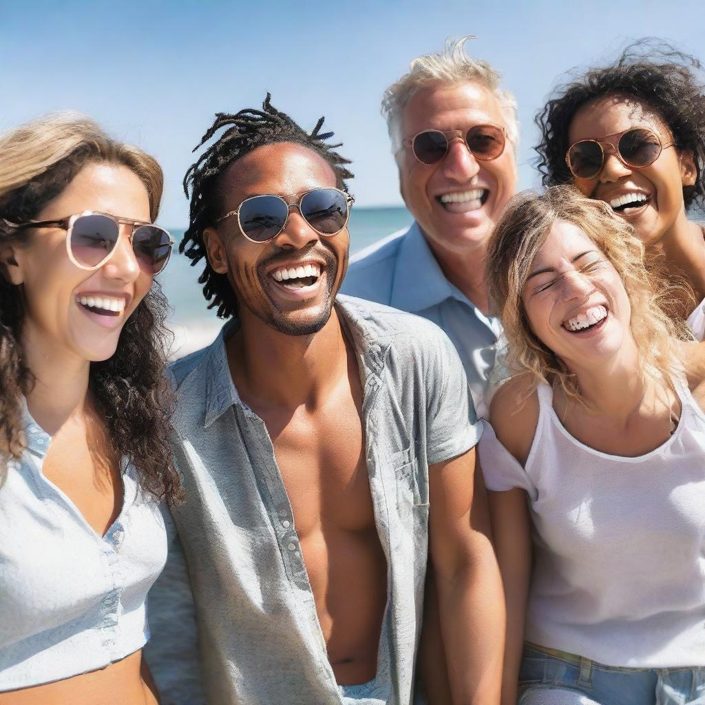 A multi-cultural group of friends, laughing and enjoying a summer day at the beach. The weather is warm, with clear skies and sparkling sea waters.