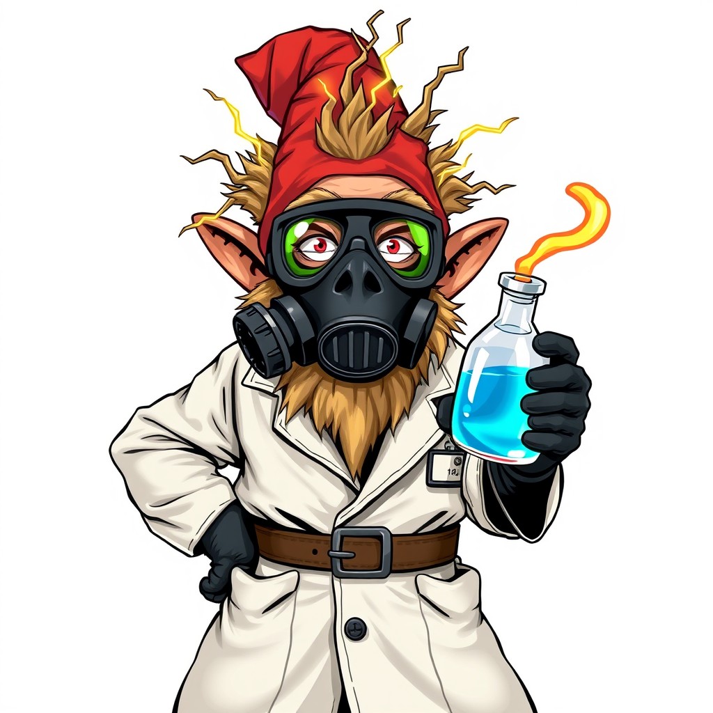 A full-body image of a crazy-looking scientific gnome, dressed in a lab coat and wearing a gas mask that covers his mouth