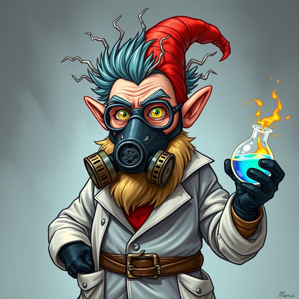 A full body image of a crazy-looking gnome scientist