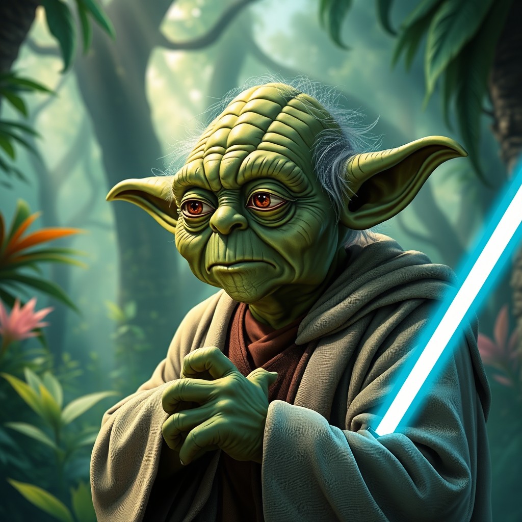 A highly detailed portrait of Master Yoda, the iconic green-skinned alien from Star Wars, standing in a lush and mystical forest
