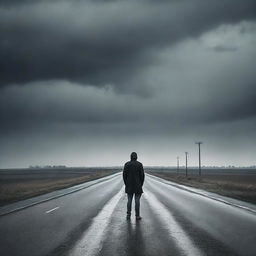 Solitary man standing on an empty highway, with a melancholic atmosphere, under a moody sky.