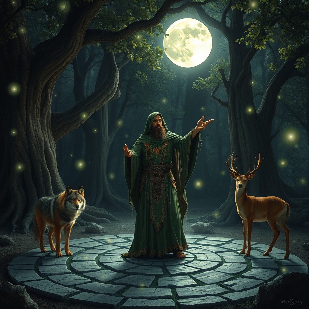 A mystical druid performing a ritual in a moonlit forest clearing, surrounded by ancient trees and glowing orbs of light