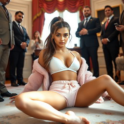 Set within the elegant interior of the Oval Office, this striking image features an 18-year-old Arabic woman radiating beauty with her thin and petite frame, characterized by slim breasts, a tiny waist, and very wide hips