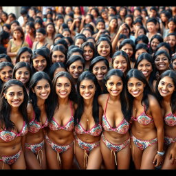 An energetic group photo featuring a diverse collection of beautiful, typical Indian girls, all wearing matching themed bikinis that reflect a cohesive design