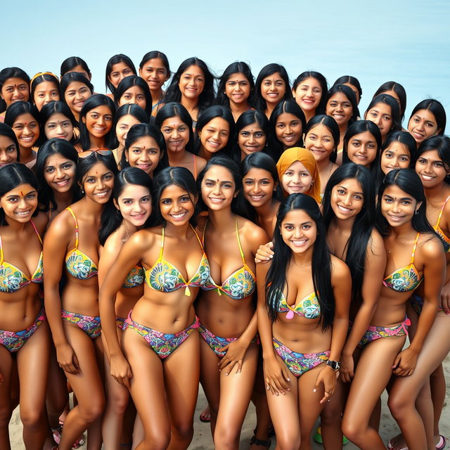 An energetic group photo featuring a diverse collection of beautiful, typical Indian girls, all wearing matching themed bikinis that reflect a cohesive design