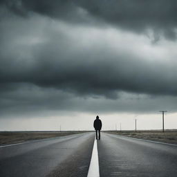 Solitary man standing on an empty highway, with a melancholic atmosphere, under a moody sky.