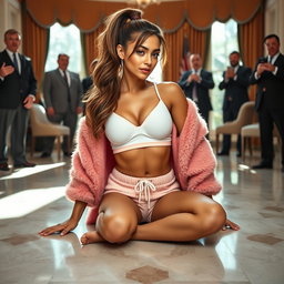 In a compelling scene set within the iconic Oval Office, an 18-year-old Arabic woman embodies glamour and confidence, with her stunningly thin and petite figure highlighted by slim breasts, a tiny waist, and very wide hips