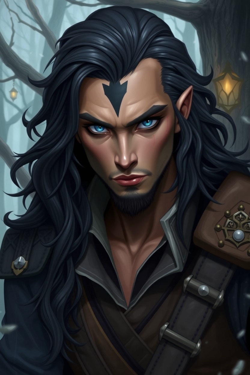 A charismatic fantasy character with long, wavy black hair and a shaved temple, featuring sharp yet attractive facial features