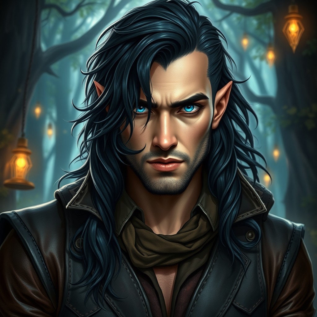 A captivating fantasy character with long, wavy black hair and one side of his head shaved