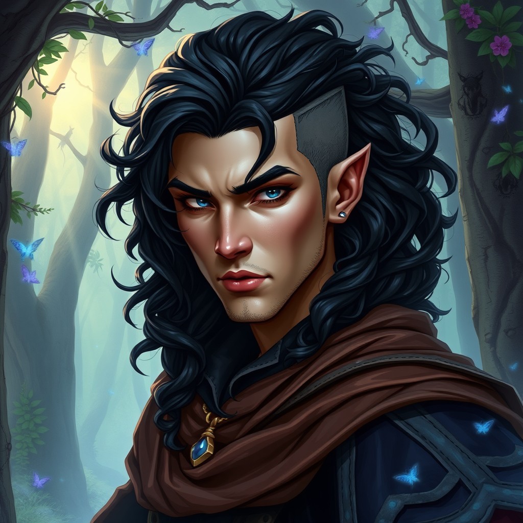 An alluring fantasy character with long, curly black hair and a shaved side