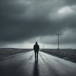 Solitary man standing on an empty highway, with a melancholic atmosphere, under a moody sky.