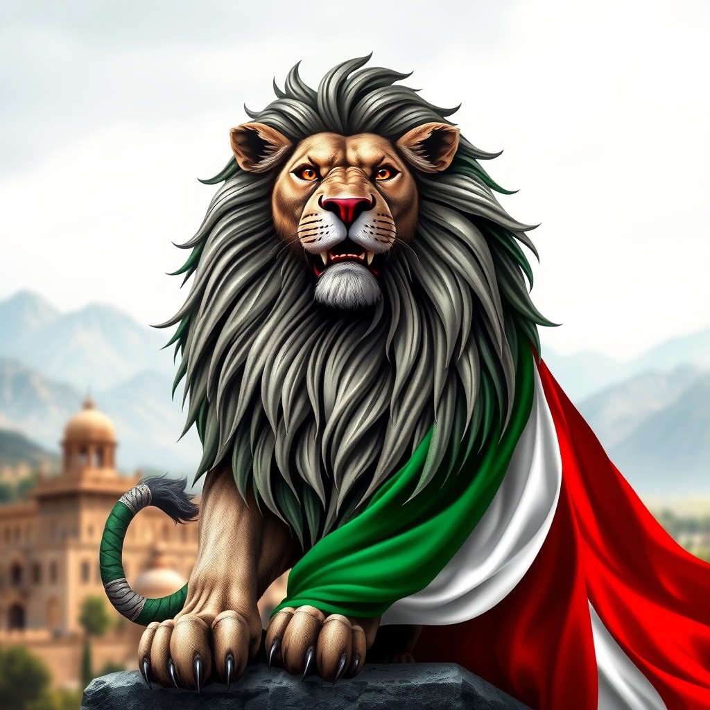 An artistic depiction of a lion symbolizing strength and courage, adorned in the colors of the Iranian flag, with the flag's vibrant green, white, and red stripes flowing around it
