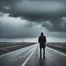 Solitary man standing on an empty highway, with a melancholic atmosphere, under a moody sky.