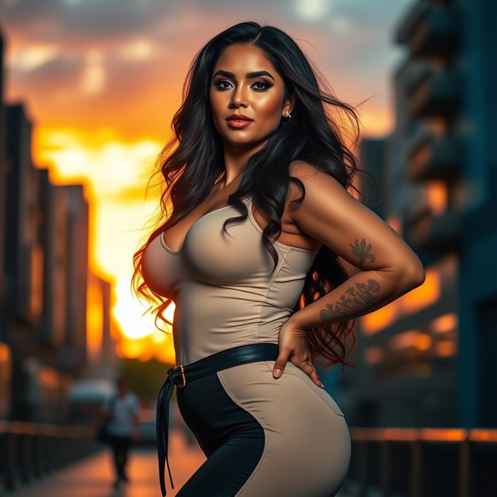 A curvaceous woman posing confidently in a stylish, form-fitting outfit, showcasing her natural curves