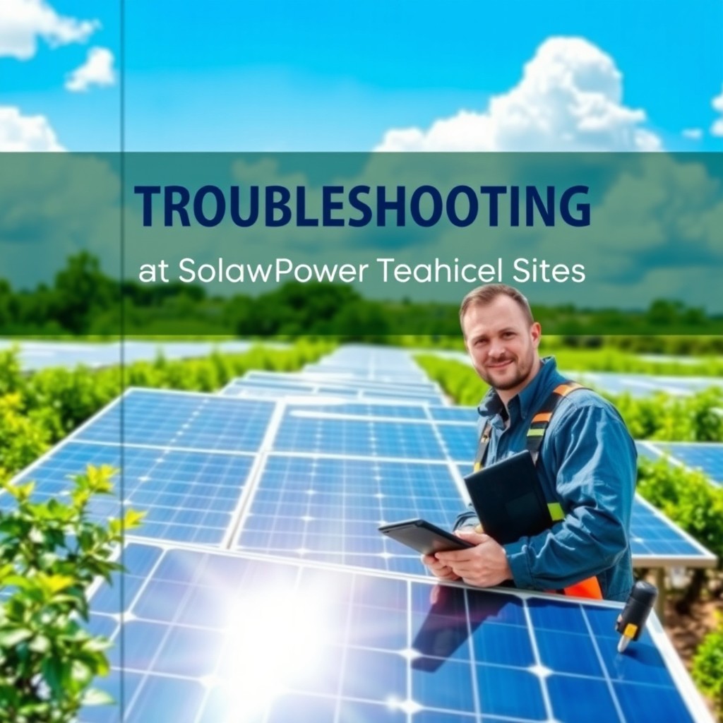 A visually striking book cover design for 'Performing Technical Troubleshooting at Solar Power Plant Sites'