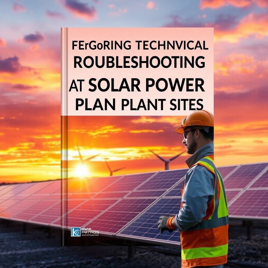 A book cover design featuring a solar power plant site during sunset