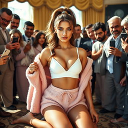 In an intriguing and visually rich scene set within the iconic Oval Office, an 18-year-old Arabic woman appears stunning with her gorgeous thin and petite figure, characterized by slim breasts, a tiny waist, and very wide hips