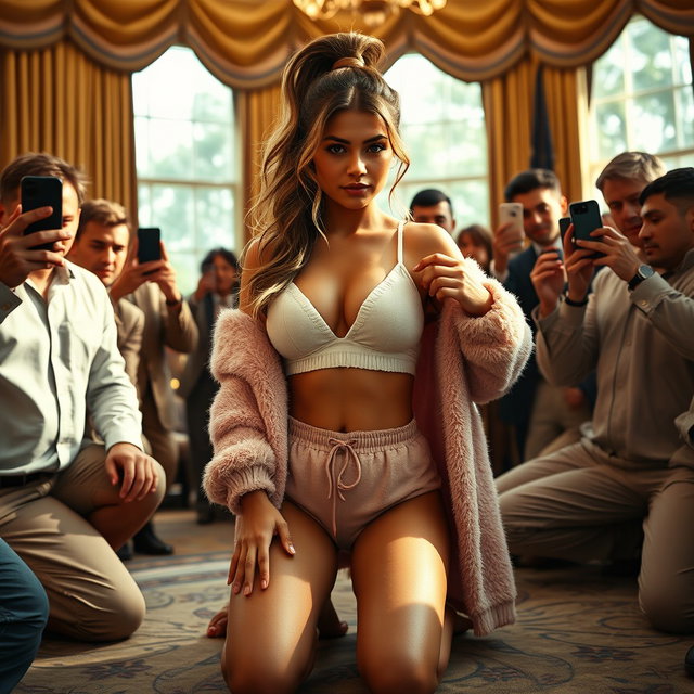 In an intriguing and visually rich scene set within the iconic Oval Office, an 18-year-old Arabic woman appears stunning with her gorgeous thin and petite figure, characterized by slim breasts, a tiny waist, and very wide hips