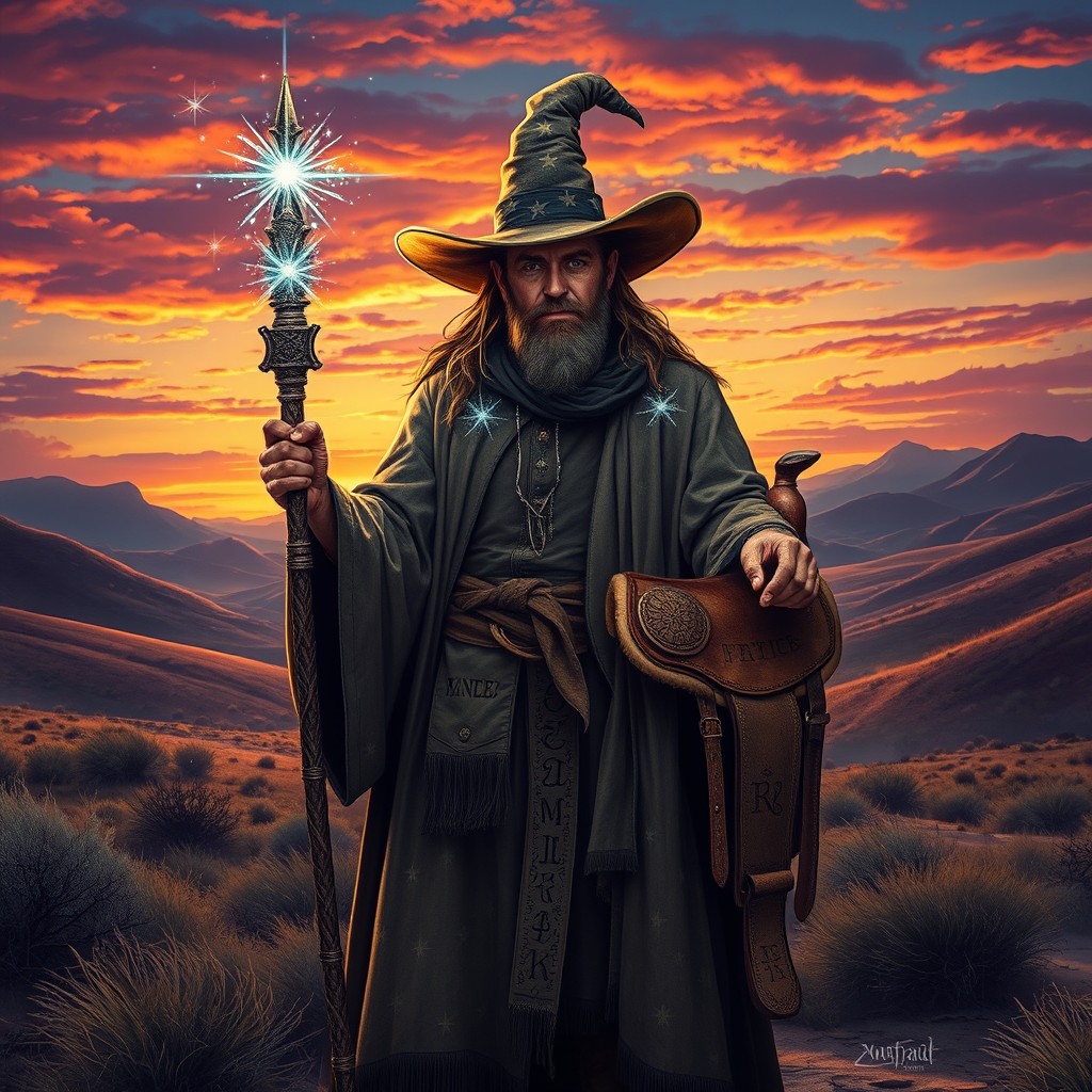 A mystical cowboy with wizard-like qualities, standing confidently in a wild west landscape