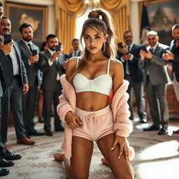 In a dynamic scene set within the prestigious Oval Office, an 18-year-old Arabic woman stands out with her gorgeous thin and petite figure, defined by slim breasts, a tiny waist, and very wide hips