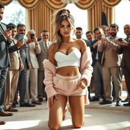 In a dynamic scene set within the prestigious Oval Office, an 18-year-old Arabic woman stands out with her gorgeous thin and petite figure, defined by slim breasts, a tiny waist, and very wide hips