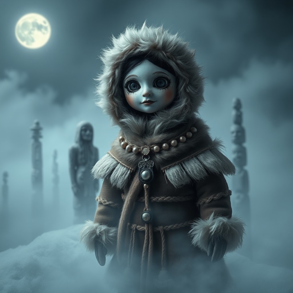 A hauntingly beautiful Eskimo doll, intricately crafted with traditional Arctic attire, including a fur-trimmed parka and delicate beadwork