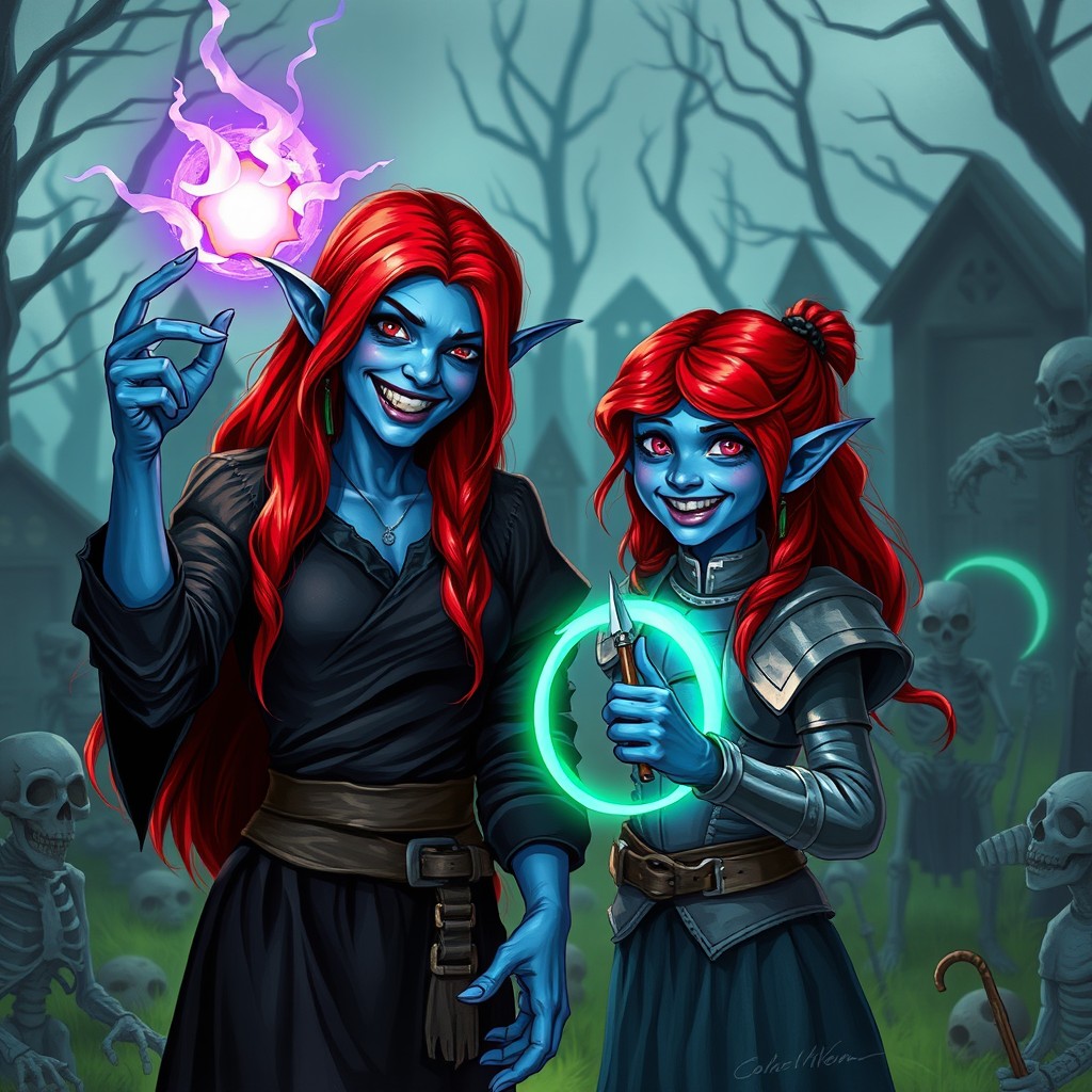 A tiefling mother and daughter with striking blue skin and vibrant red hair stand in a spooky graveyard filled with skeletons and other undead creatures