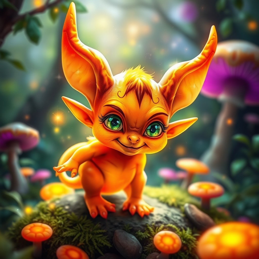 A radiant imp familiar, small whimsical creature with bright, glowing skin in shades of orange and gold