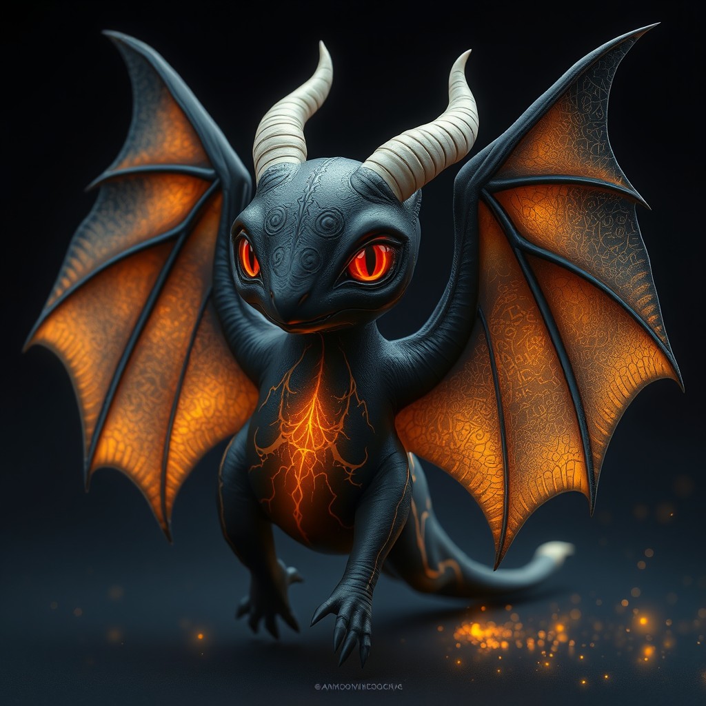 A fantastical creature with a smooth, dark body resembling polished obsidian, laced with faint, pulsing veins of molten gold that emit a soft inner glow