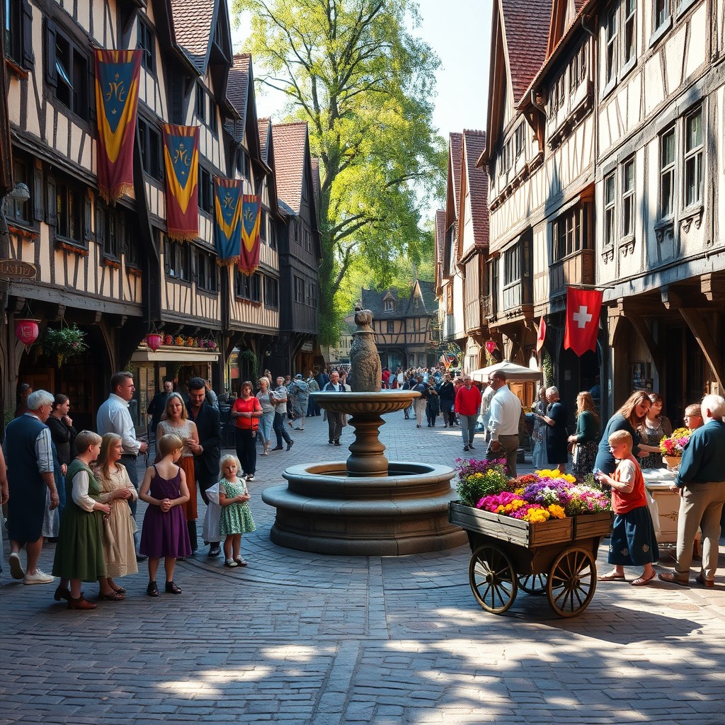 A bustling medieval street during the day, lined with timber-framed buildings featuring colorful banners