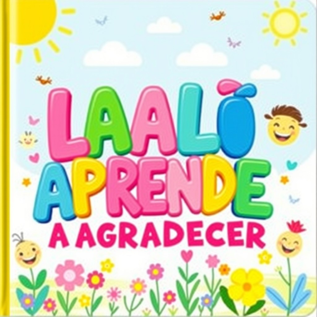 A vibrant and colorful title design that reads 'LALÁ APRENDE A AGRADECER'