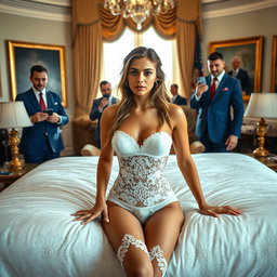 In a striking scene set within the iconic Oval Office, an 18-year-old Arabic woman embodies beauty with her stunningly thin and petite figure, featuring delicate breasts, a tiny waist, and very wide hips