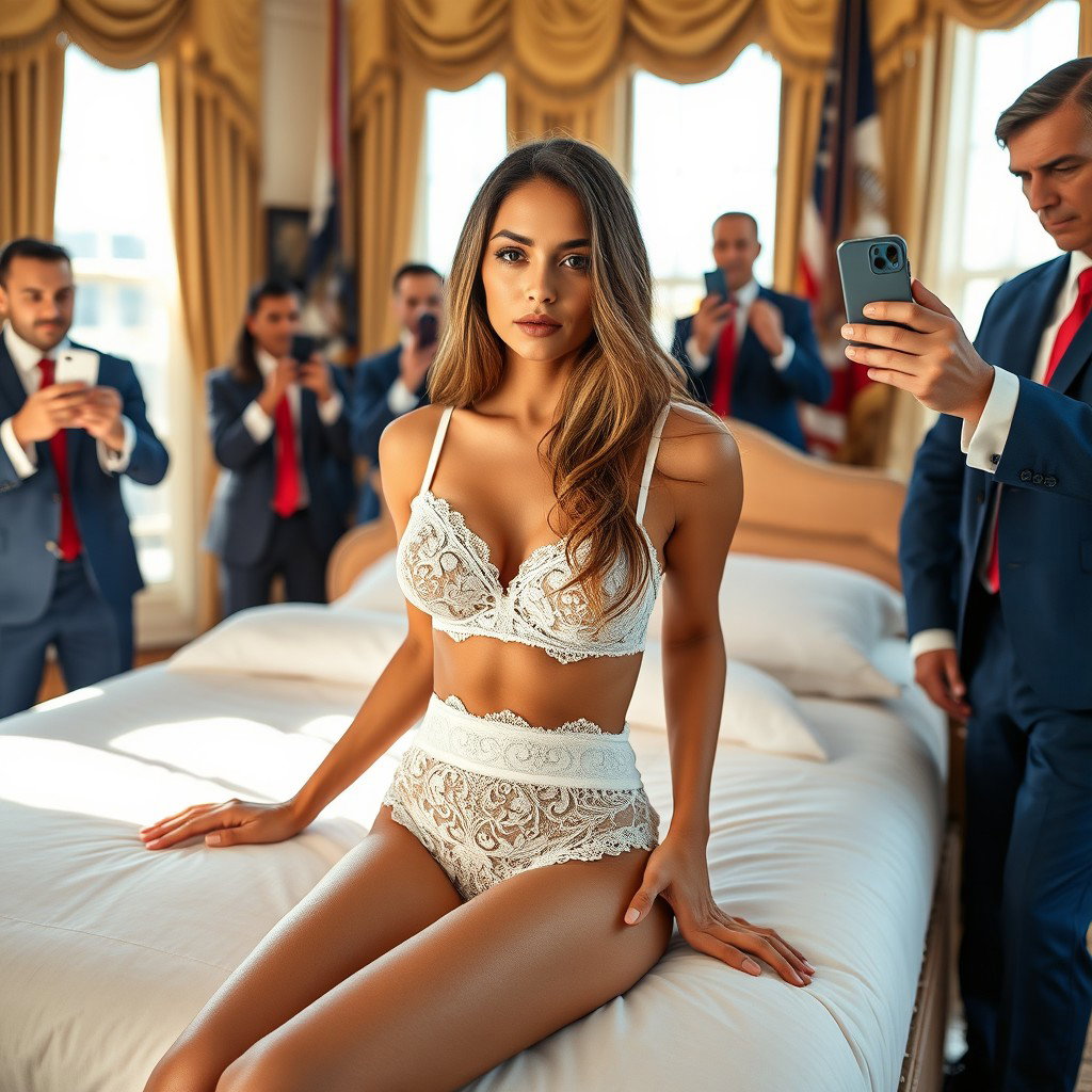 In an exquisite scene set within the opulent Oval Office, an 18-year-old Arabic woman exudes beauty and elegance with her gorgeous, thin, and petite figure, defined by delicate breasts, a tiny waist, and very wide hips