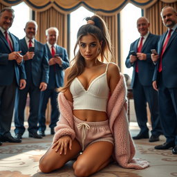 In an intriguing scene set in the luxurious Oval Office, an 18-year-old Arabic woman catches the eye with her gorgeous, thin, and petite figure, characterized by delicate breasts, a tiny waist, and very wide hips